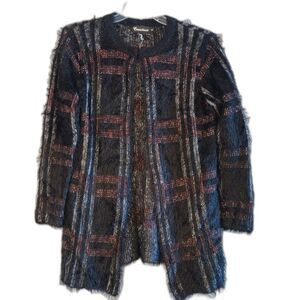 Creation Shaggy Oversized Cardigan Black Red Wool Blend Retro 80s Open Front M